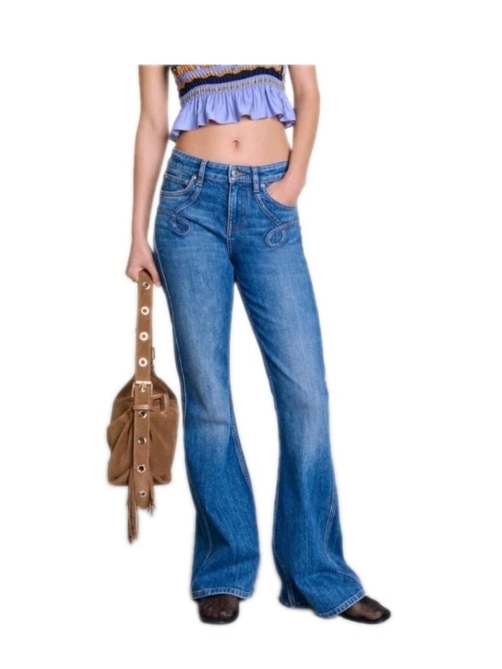 Maje Embroidered Flare Jeans Women's US L/FR40 Blue Mid Wash